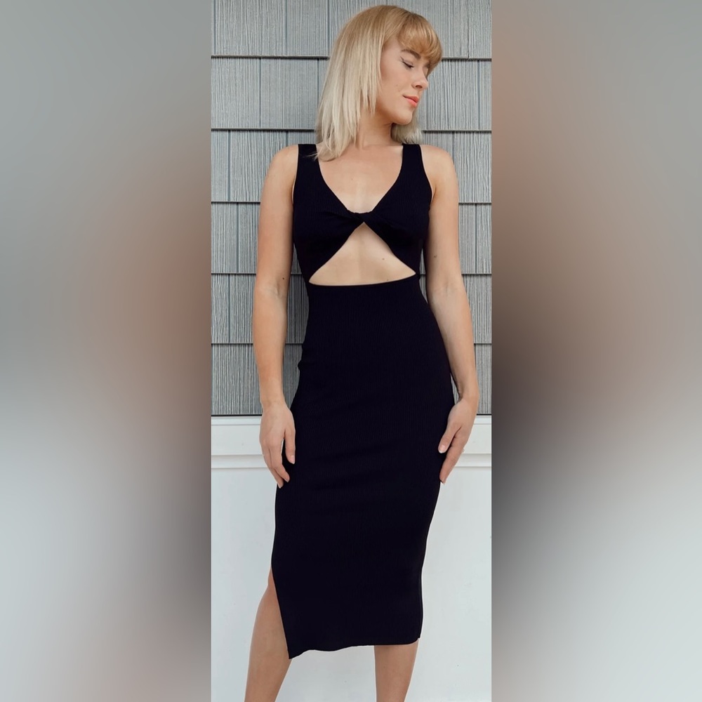 Olivaceous Ribbed Black Sleeveless Bodycon Cutout Midi Dress - S - Picture 2 of 7